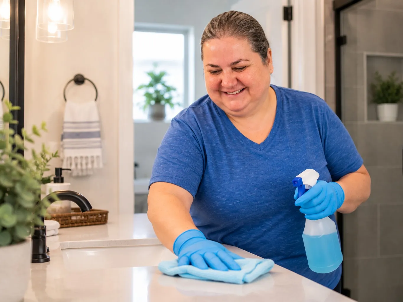 Irma wiping down a bathroom counter with gloves and a spray bottle