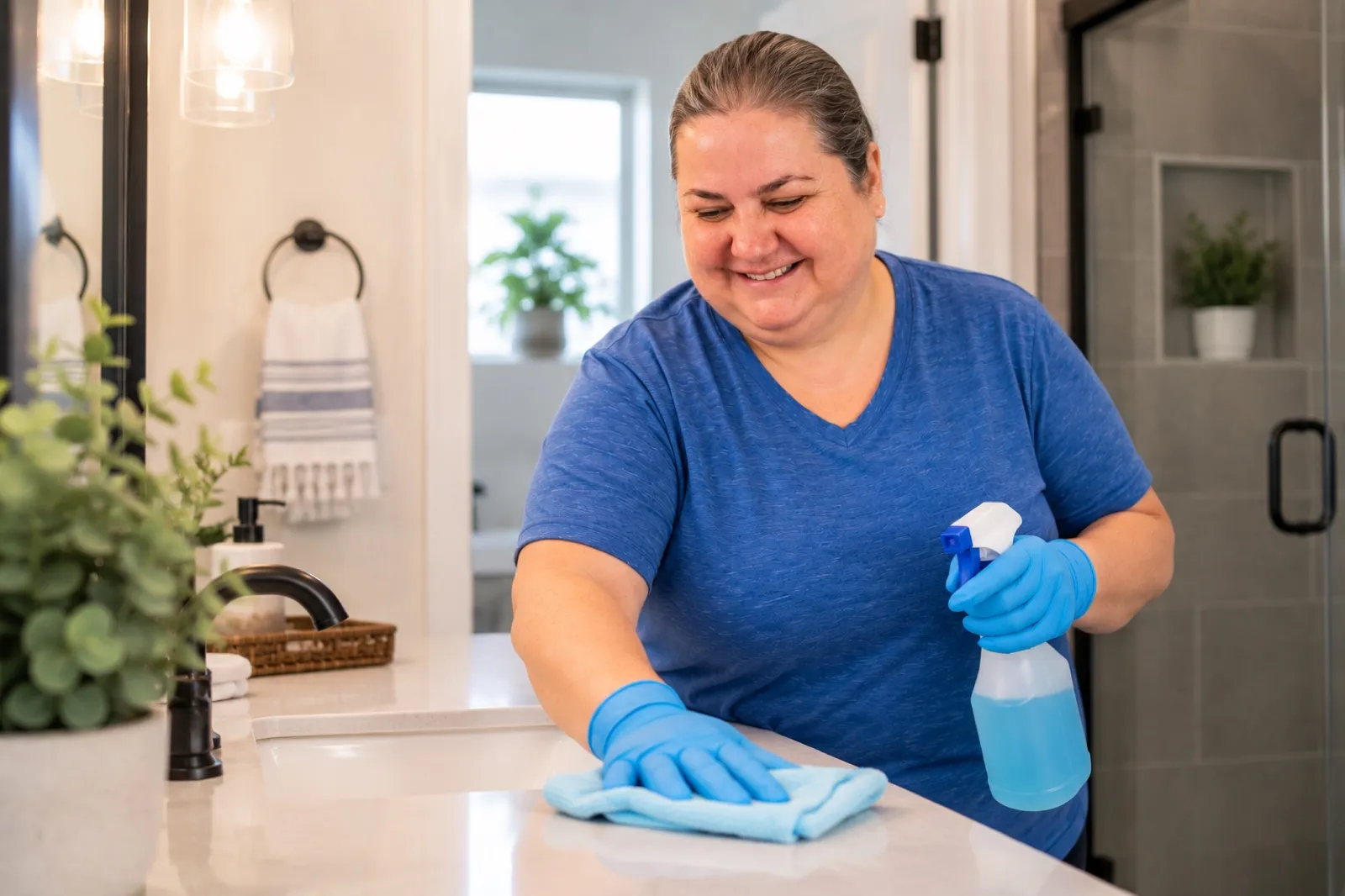Irma wiping down a bathroom counter with gloves and a spray bottle