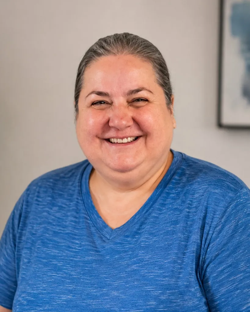 Irma, owner of De La Mora Cleaning Services, smiling warmly in a blue shirt